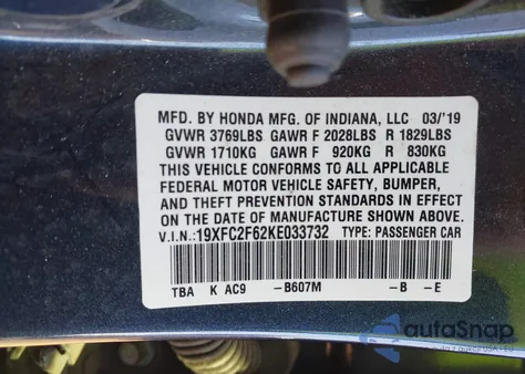 2019 Honda Civic Lx z USA, uszkodzony, nr VIN 19XFC2F62KE033732